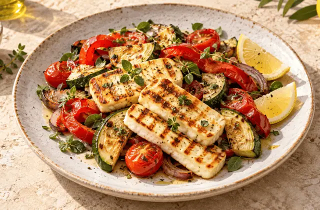 Halloumi grillé avec courgettes, poivrons, tomates et citron