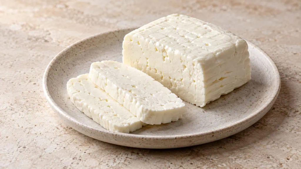 Bloc de halloumi cru blanc accompagné de deux tranches