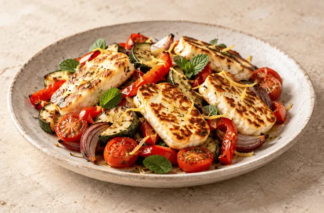 Halloumi poêlé doré aux légumes méditerranéens