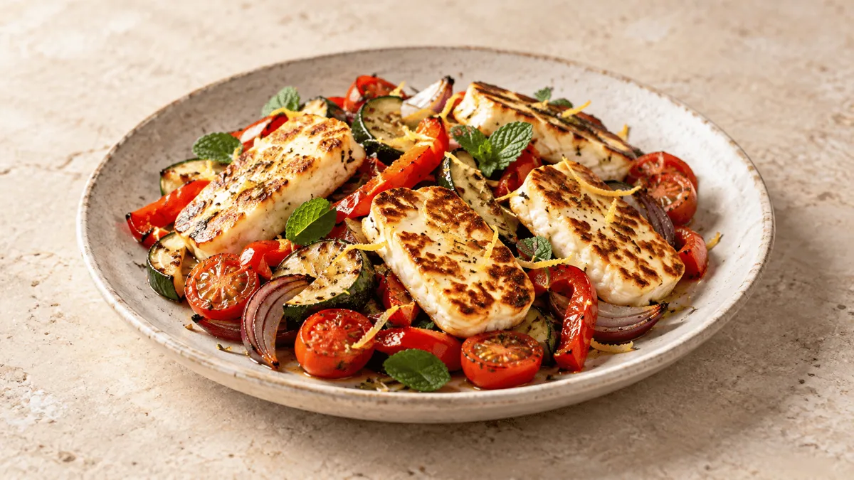Halloumi poêlé doré aux légumes méditerranéens