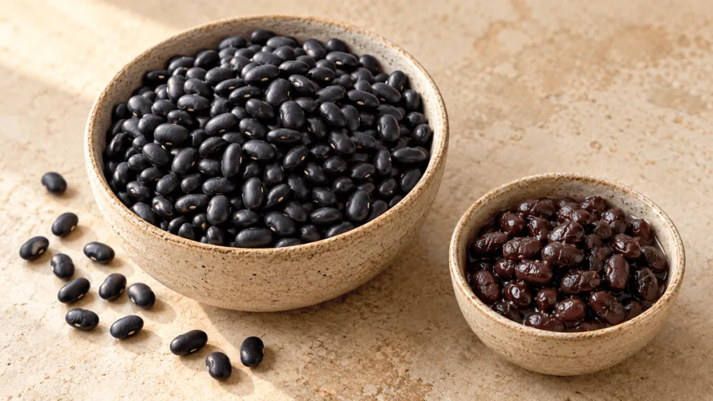 Haricots noirs secs et cuits