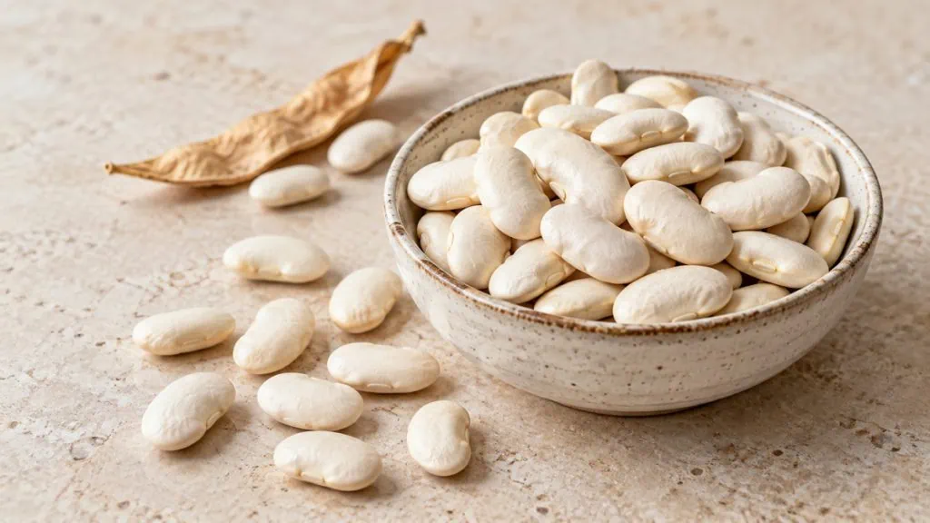 Haricots tarbais secs blancs ivoire légèrement aplatis