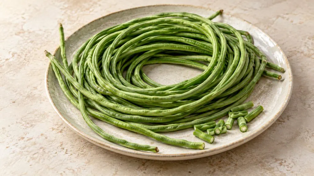 Longs haricots kilomètre verts disposés sur une assiette claire