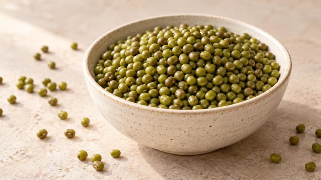 Petits haricots mungo verts secs dans un bol en grès