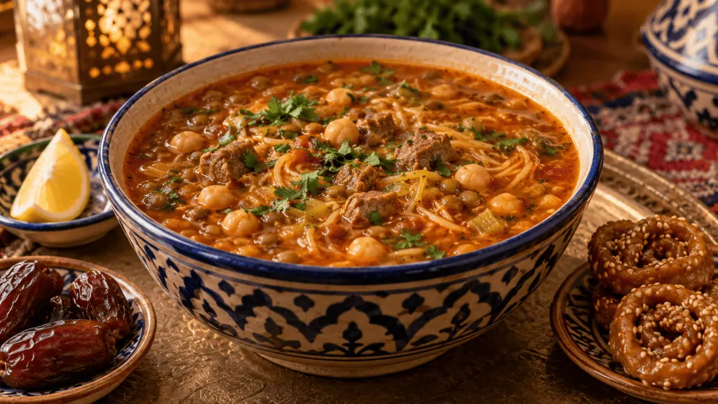 Harira marocaine aux pois chiches, lentilles, vermicelles et viande