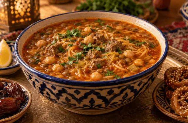 Harira marocaine aux pois chiches, lentilles, vermicelles et viande