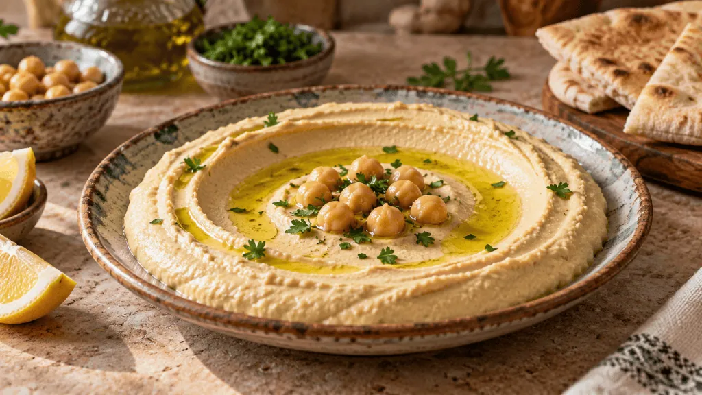Houmous au tahini, citron et huile d’olive servi avec du pain pita