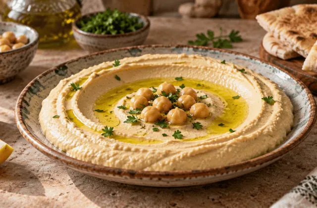 Houmous au tahini, citron et huile d’olive servi avec du pain pita