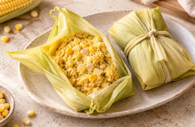 Humita en chala argentine, papillote de maïs ouverte et farcie