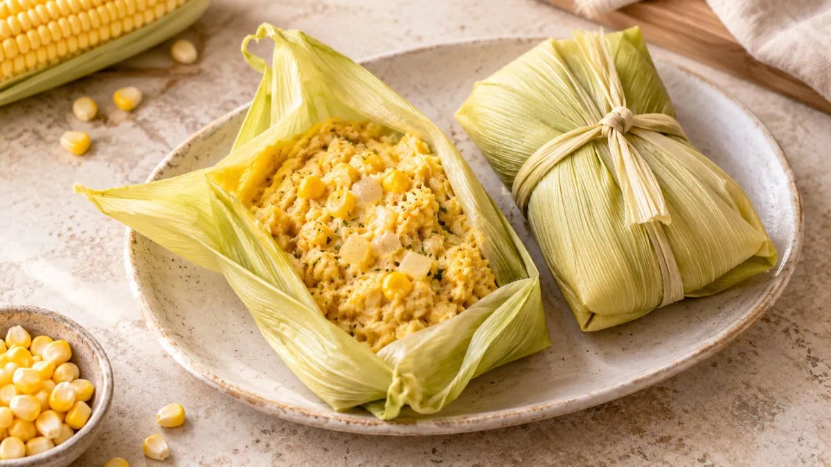 Humita en chala argentine, papillote de maïs ouverte et farcie