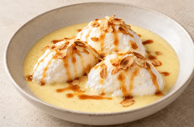 Île flottante sur crème anglaise avec caramel et amandes grillées