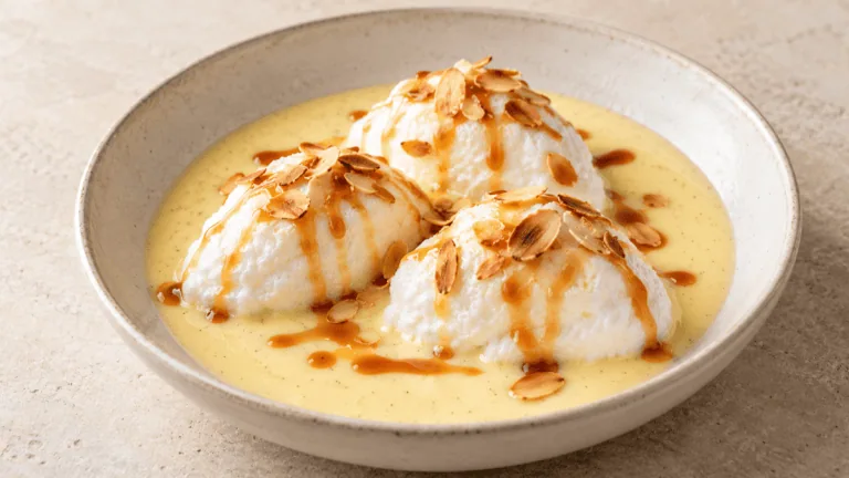 Île flottante sur crème anglaise avec caramel et amandes grillées