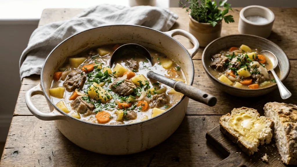 Irish stew traditionnel en cocotte : agneau, pommes de terre, carottes et oignons au persil, bol servi et soda bread beurré