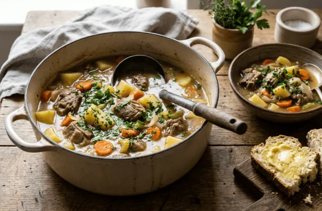 Irish stew traditionnel en cocotte : agneau, pommes de terre, carottes et oignons au persil, bol servi et soda bread beurré