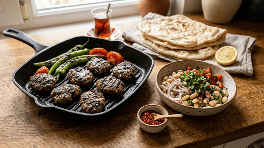 İzgara köfte grillées dans une poêle-gril avec piments verts et tomates, salade de haricots piyaz, pains plats et citron