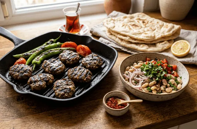 İzgara köfte grillées dans une poêle-gril avec piments verts et tomates, salade de haricots piyaz, pains plats et citron