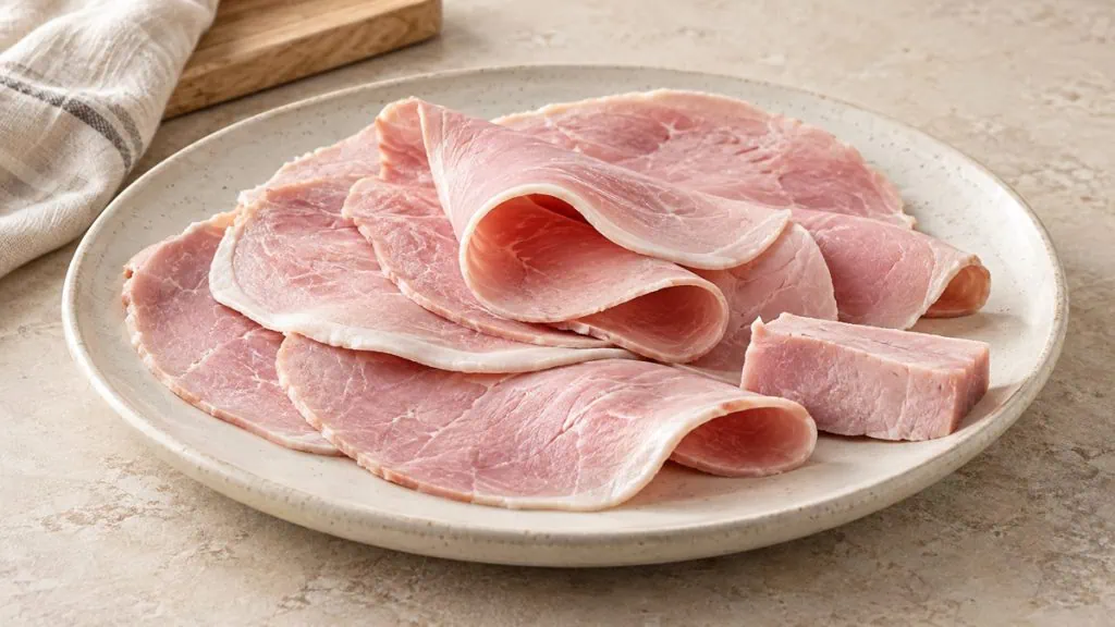 Tranches de jambon blanc cuit disposées sur une assiette en grès clair
