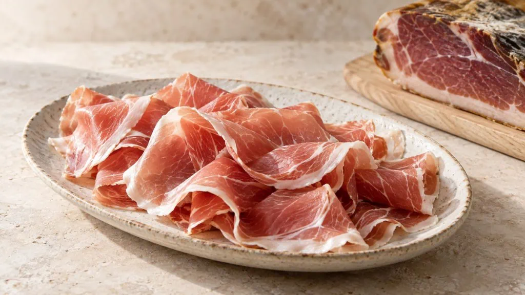 Tranches fines de jambon cru affiné sur une assiette en grès clair
