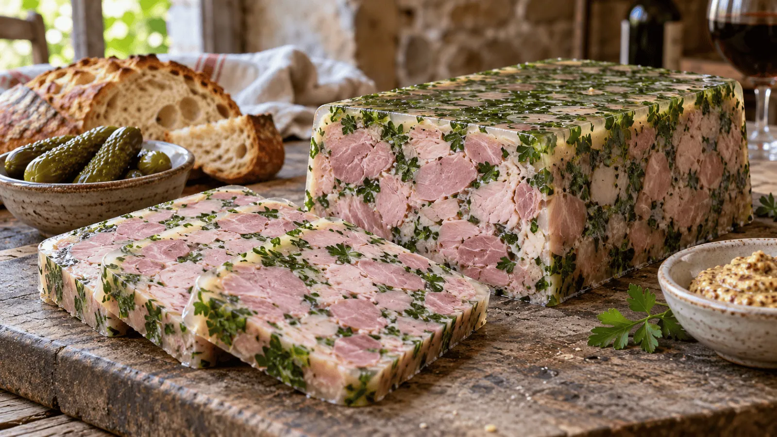 Terrine de jambon persillé bourguignonne avec tranches, cornichons et moutarde