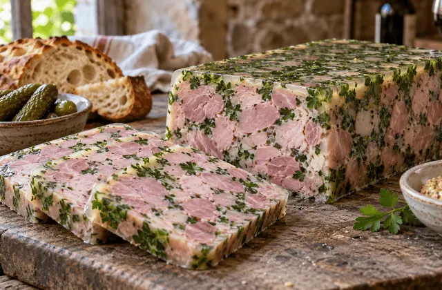 Terrine de jambon persillé bourguignonne avec tranches, cornichons et moutarde