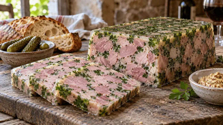 Terrine de jambon persillé bourguignonne avec tranches, cornichons et moutarde