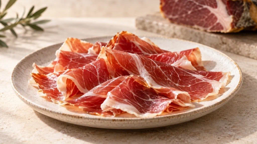 Fines tranches de jambon serrano affiné sur une assiette en grès