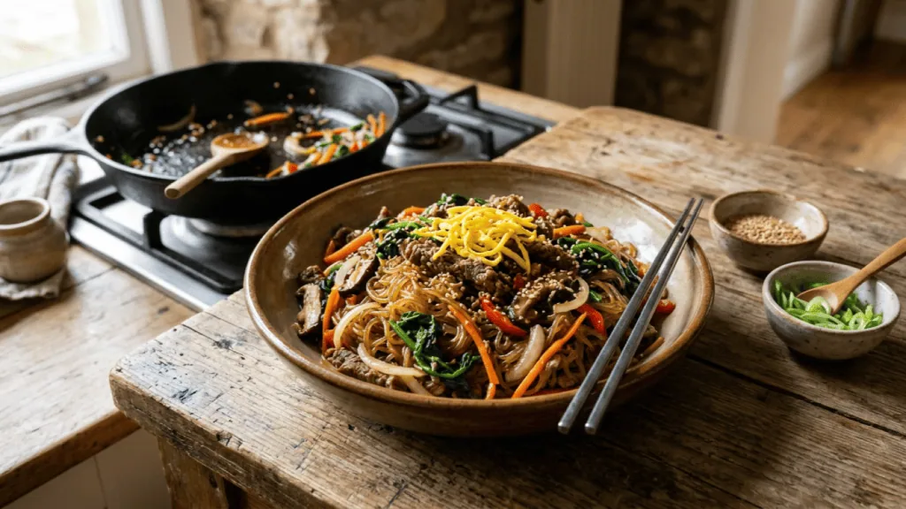 Japchae au bœuf et aux légumes : nouilles de patate douce sautées, bœuf mariné, épinards, carottes, champignons et omelette en lanières
