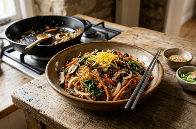 Japchae au bœuf et aux légumes : nouilles de patate douce sautées, bœuf mariné, épinards, carottes, champignons et omelette en lanières