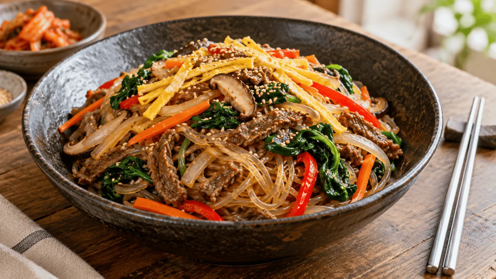 Japchae coréen aux vermicelles de patate douce, bœuf et légumes