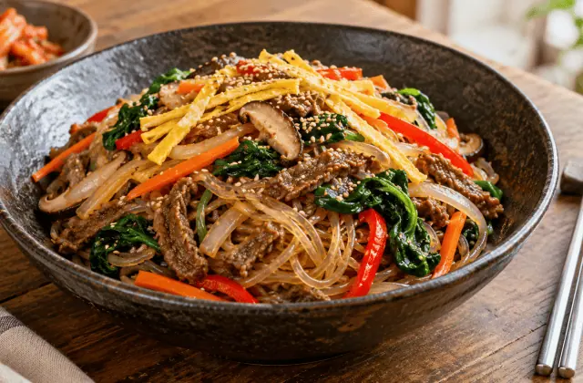 Japchae coréen aux vermicelles de patate douce, bœuf et légumes