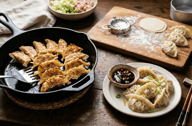 Jiaozi au porc et au chou chinois dorés à la poêle, raviolis bouillis, sauce vinaigre noir et pâte à raviolis sur planche