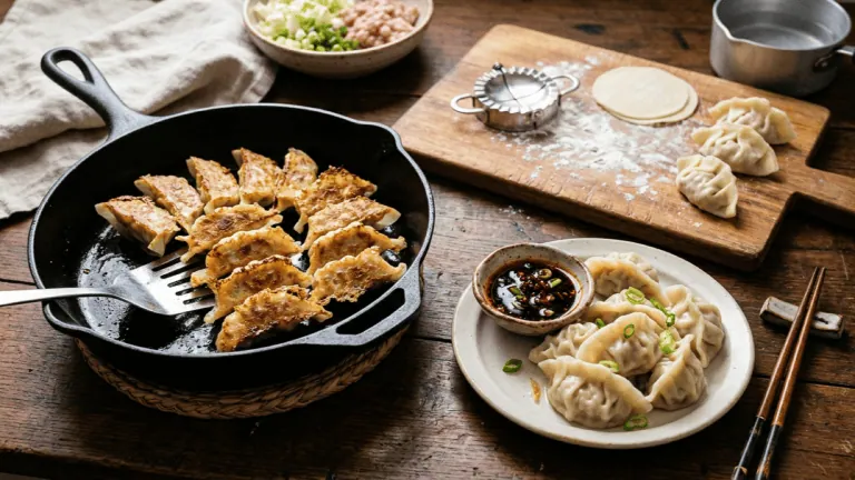 Jiaozi au porc et au chou chinois dorés à la poêle, raviolis bouillis, sauce vinaigre noir et pâte à raviolis sur planche