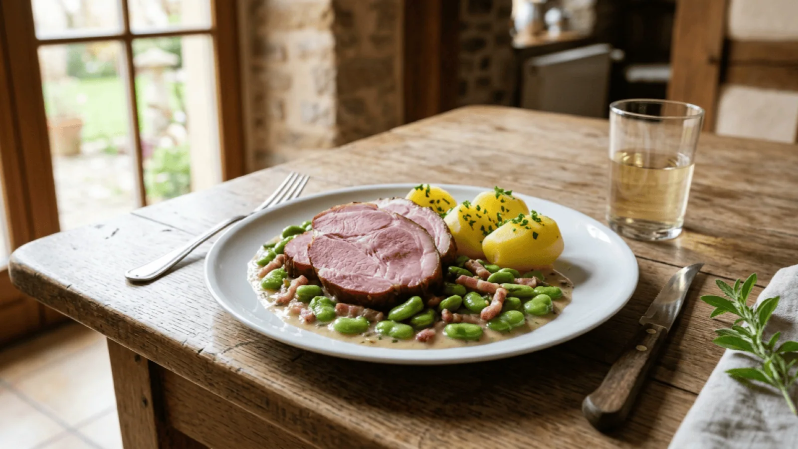 Judd mat Gaardebounen : tranches de collet de porc fumé, fèves des marais à la crème et aux lardons, pommes de terre persillées