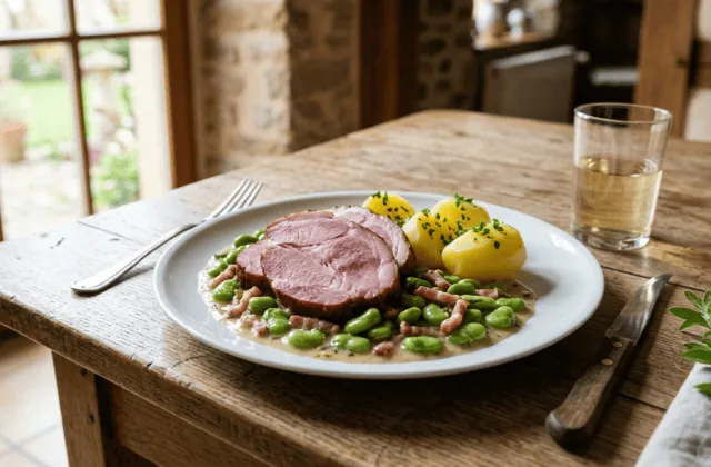 Judd mat Gaardebounen : tranches de collet de porc fumé, fèves des marais à la crème et aux lardons, pommes de terre persillées