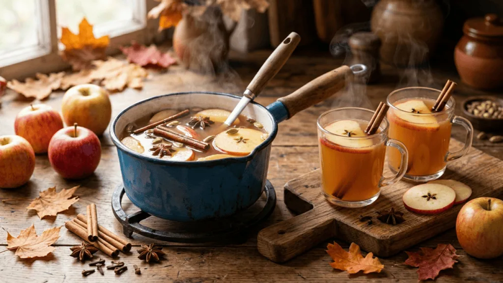 Jus de pomme chaud à la cannelle dans une casserole émaillée, mugs garnis de bâton de cannelle et tranche de pomme