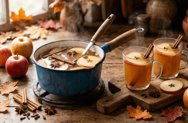 Jus de pomme chaud à la cannelle dans une casserole émaillée, mugs garnis de bâton de cannelle et tranche de pomme
