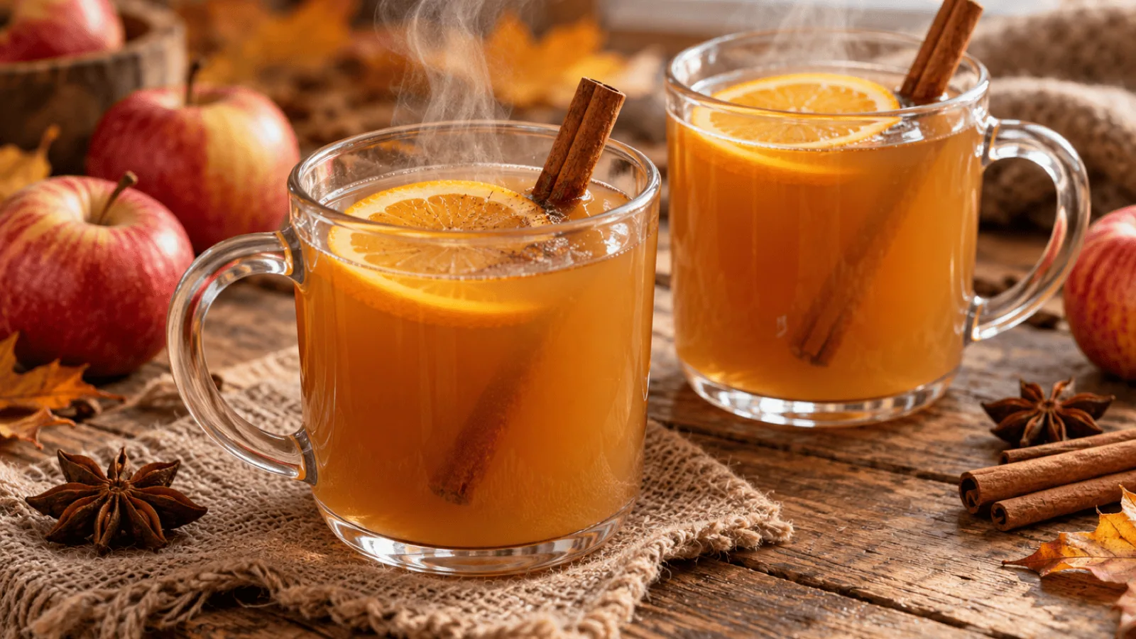 Mugs de jus de pomme chaud épicé à l’orange et à la cannelle