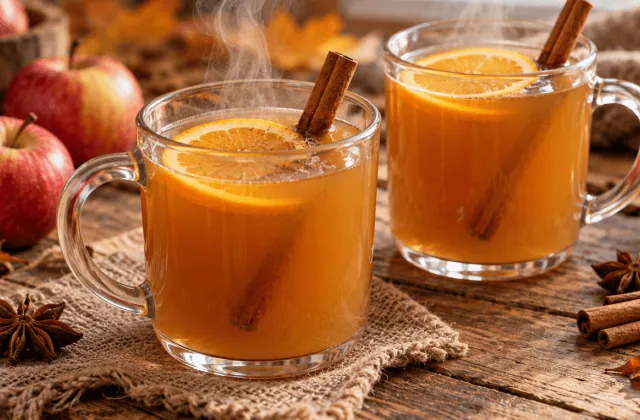 Mugs de jus de pomme chaud épicé à l’orange et à la cannelle