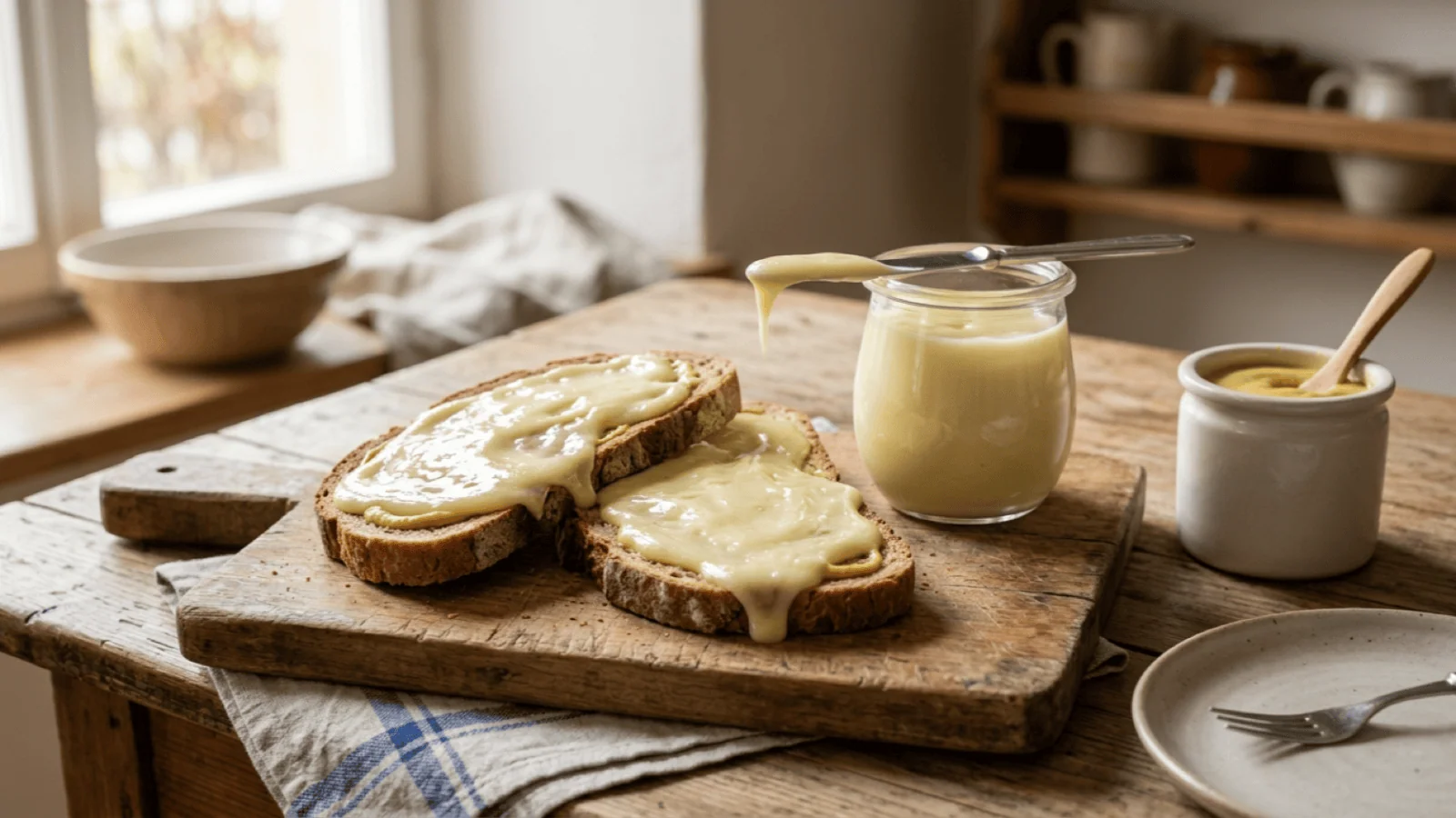 Tartines de pain à la moutarde nappées de Kachkéis, le fromage cuit luxembourgeois, avec un bocal à côté