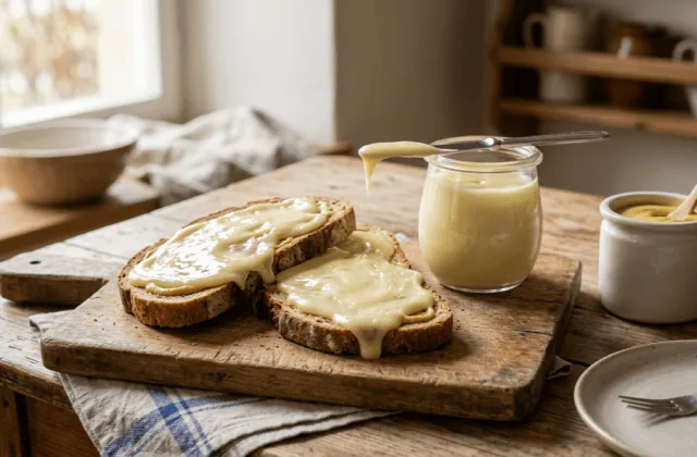 Tartines de pain à la moutarde nappées de Kachkéis, le fromage cuit luxembourgeois, avec un bocal à côté