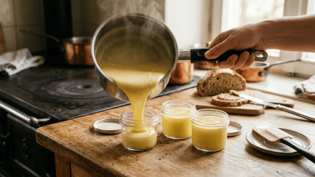 Kachkéis maison tout juste fondu, versé de la casserole dans des bocaux en verre