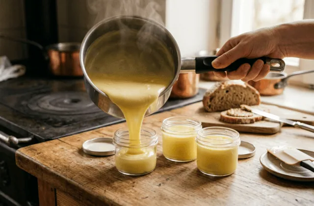 Kachkéis maison tout juste fondu, versé de la casserole dans des bocaux en verre