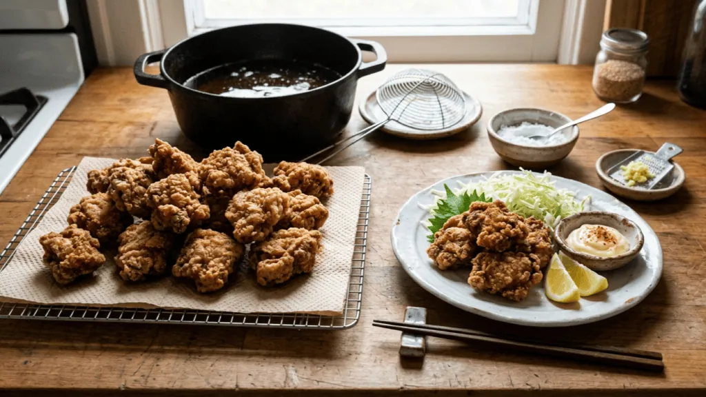 Karaage de poulet maison égouttant sur une grille, assiette avec chou émincé, citron et mayonnaise japonaise