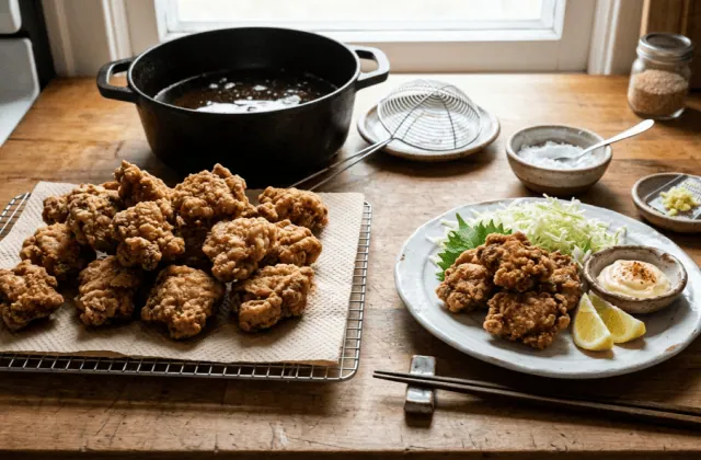 Karaage de poulet maison égouttant sur une grille, assiette avec chou émincé, citron et mayonnaise japonaise