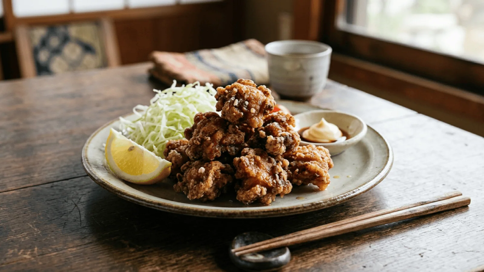 Karaage, poulet frit japonais à la croûte craquante, servi avec chou émincé, citron et mayonnaise japonaise