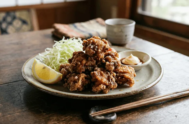 Karaage, poulet frit japonais à la croûte craquante, servi avec chou émincé, citron et mayonnaise japonaise