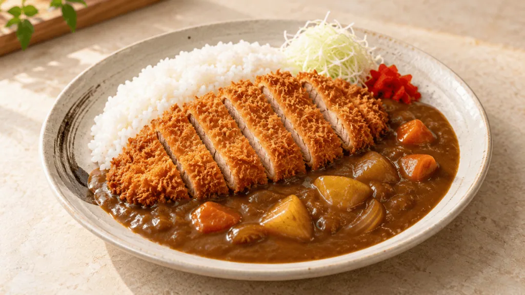 Katsu curry japonais avec tonkatsu, riz, sauce aux légumes et chou