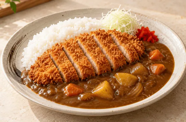 Katsu curry japonais avec tonkatsu, riz, sauce aux légumes et chou