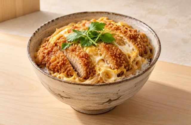 Katsudon japonais au porc pané, œuf et oignons sur un bol de riz