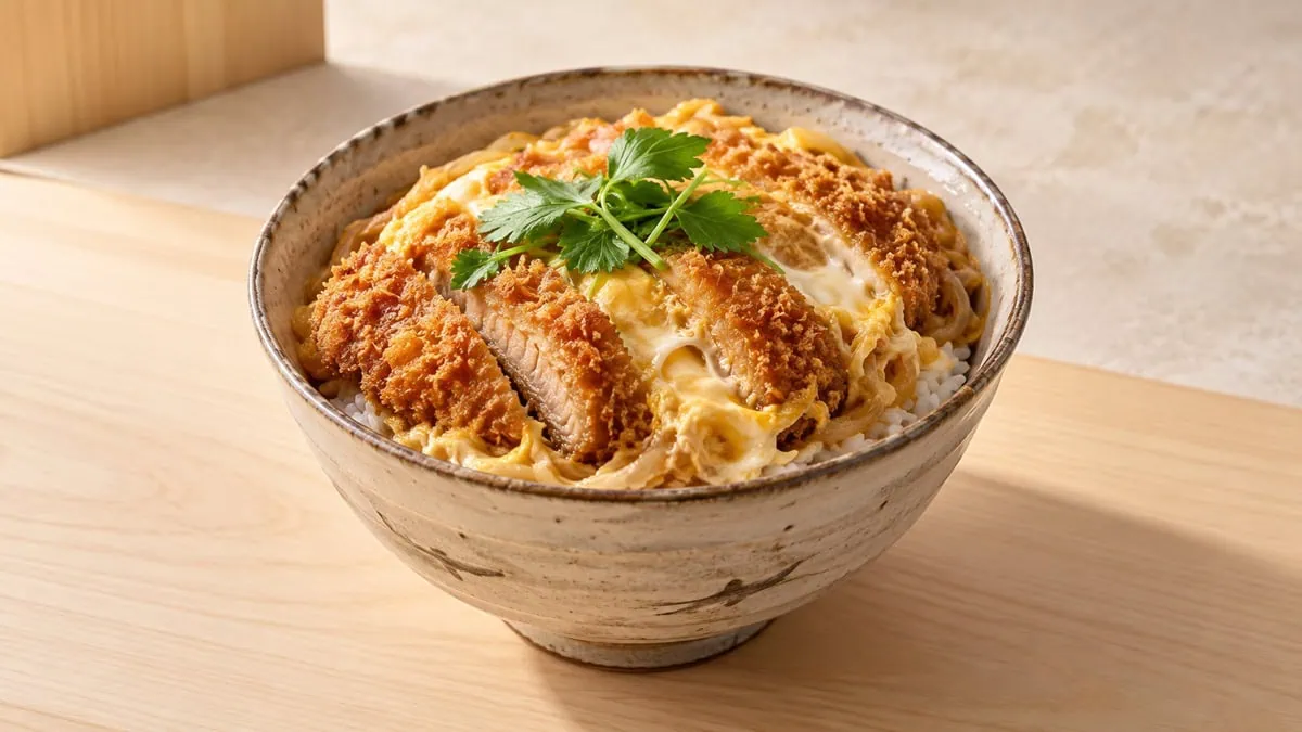 Katsudon japonais au porc pané, œuf et oignons sur un bol de riz
